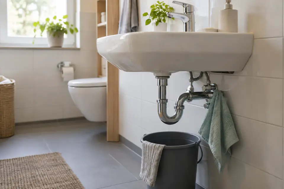 Waschbecken mit sichtbarem Siphon und bereitgestelltem Eimer zur Kontrolle des Abflusses